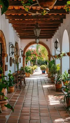 an arched walkway with potted plants on either side