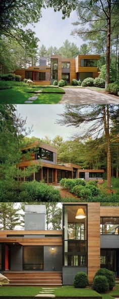 two pictures of different houses in the woods