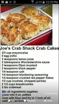 the recipe for crab shack crab cakes is shown in this screenshot from an iphone