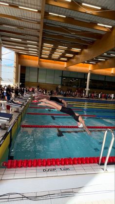 a man diving into a swimming pool while people watch