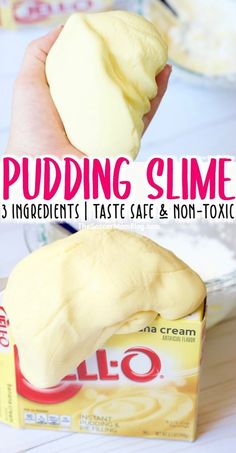 a person holding a piece of bread in their hand with the words pudding slime on it