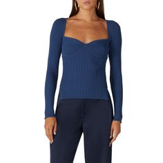 Blue knit (90% Viscose, 10% Polyester). Top. Long sleeves. Sweetheart neckline. 19" from shoulder to hemline. Imported. Criss Cross Sweater, Long Sleeve Wrap Top, Rib Knit Top, Rib Knit Cardigan, Shrug Cardigan, Chenille Sweater, Rent The Runway, Knit Turtleneck Sweater, Jonathan Simkhai