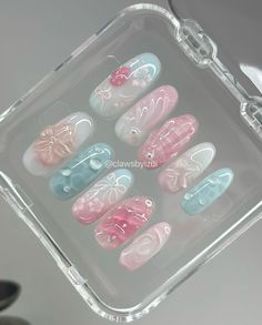 @clawsbyizui on insta Pink Blue Nail Art, Blue Pink Nails Design, Blue And Pink Nail Designs, Pink And Blue Nails Design, Nails Pink Blue, Summer Nails Pink, Belle Nails, Coquette Nails, Shop Press