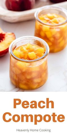 peach compote in mason jars with text overlay