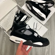 Brand New Authentic White And Black Jordans 4s, All Black Jordan 4’s, Jordan 4s White Thunder, Black And White Jordan 4’s, Jordan 4s Aesthetic, Jordans White And Black, Cute Jordan 4, Black Cats Shoes, Jordan 4 Black And White