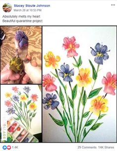 some pictures of flowers and birds painted on the wall with watercolors in them