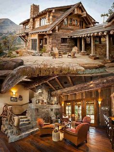 two pictures side by side one shows a log cabin and the other shows a living room