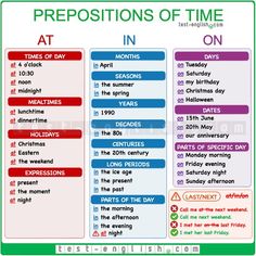 Prepositions 'in', 'at', 'on' of time English Prepositions, English Exam, Teaching English Grammar, English Language Learning Grammar, English Test, Learn English Grammar, English Language Teaching, English Lessons For Kids, English Writing Skills