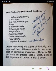 an old fashioned oatmeal cookie recipe in a book