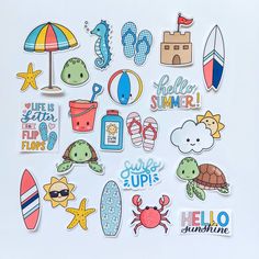 a bunch of stickers that are on top of a white surface with the words hello summer