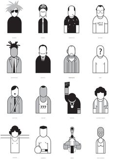 the different types of people in black and white, with one man's head tilted down