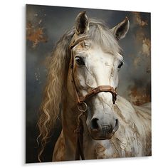 a white horse with long blonde hair standing in front of a dark background canvas wall art print