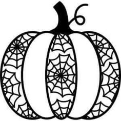 a black and white drawing of a pumpkin with spider webs on it's side