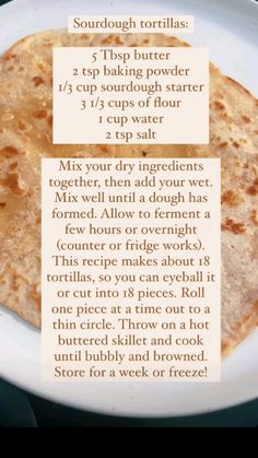 a recipe for tortillas on a white plate