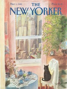 the new yorker magazine cover with a black cat sitting at a table in front of a window