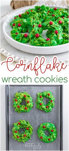 christmas wreath cookies on a cookie sheet and then decorated with icing