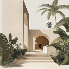 an entrance to a building with palm trees in the foreground and stairs leading up to it