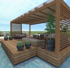 a 3d rendering of a patio with potted plants and an outdoor jacuzzi