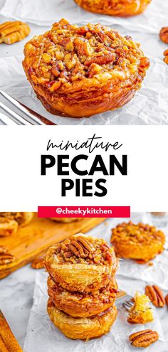 pecan pies stacked on top of each other with pecans in the background