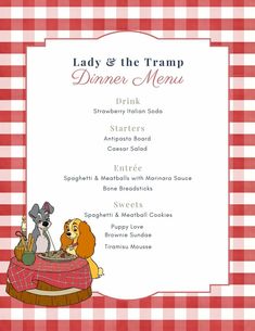 the lady and the tramp dinner menu is shown on a red checkered table cloth