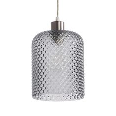 a clear glass light hanging from a ceiling fixture with a silver metal finish and diamond pattern