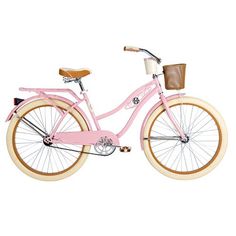 a pink bicycle with wooden spokes on the front wheel and basket, isolated against a white background