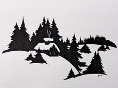 a black and white drawing of some trees