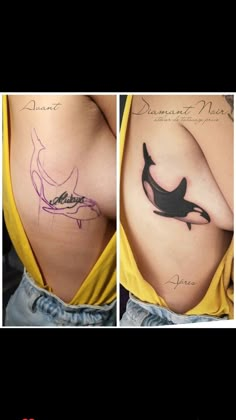 three different pictures of the back of a woman's body with tattoos on it