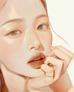 a digital painting of a woman holding her hand to her face