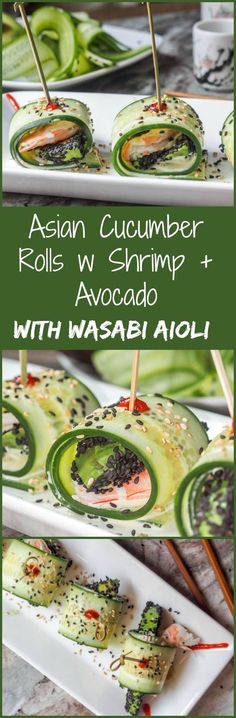 The ultimate low carb, healthy and refreshing summer appetizer or light meal: Asian cucumber rolls with shrimp, avocado and wasabi aioli. Gluten Free + Dairy Free. Bariatric Sushi, Wasabi Aioli, Cucumber Rolls, Summer Flavors, Avocado Cucumber, Lunch Salad, Cucumber Slices, Shrimp Avocado, Summer Appetizer