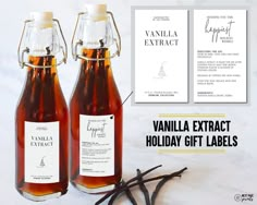 vanilla extract holiday gift labels with vanilla syrup in glass bottles and vanilla sticks on the side