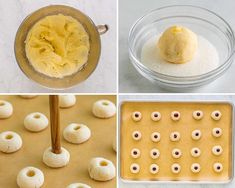 four pictures showing different stages of making doughnuts and then adding them to the batter