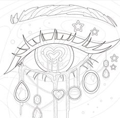 a drawing of an eye with hearts and stars on the side, surrounded by circles