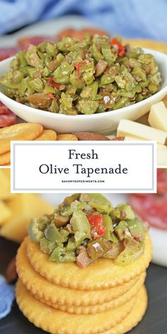 fresh olive tappenade with crackers and cheese