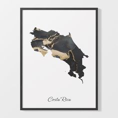 a black and white poster with the word costa rica written in gold foil on it