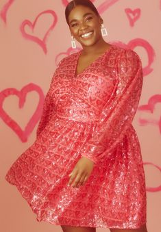 Heart Sequin Mini Dress | Eloquii V-neck Sequin Dress For Date Night In Winter, Winter V-neck Sequin Dress, Plus Size Sequin Dresses, Glam Outfit, Fashion To Figure, Sequin Mini, Puffed Sleeves Dress, Sequin Mini Dress, Lace Mini Dress