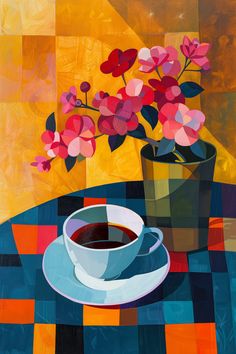 a painting of a cup of coffee and flowers