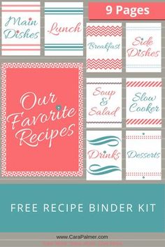 the free recipe binder kit for cooking and baking is shown in pink, blue and white