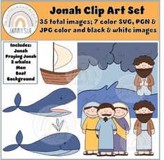 an image of noah clip art set with whale and boat in the background, including two children