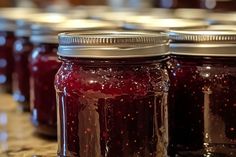 several jars filled with jam sitting on top of a counter next to another jar full of jam