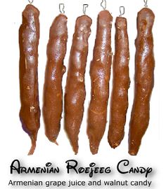 five pieces of food hanging from hooks with the words, armenian recipe candy