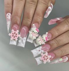 Cartoon Nail Designs, Acrylic Nail Designs Coffin, Snow Nails, Quick Nail, Pink Xmas, Seasonal Nails, Pretty Gel Nails