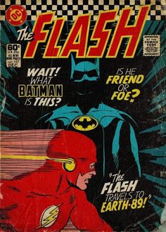 an old comic book cover with the flash and batman on it's front page