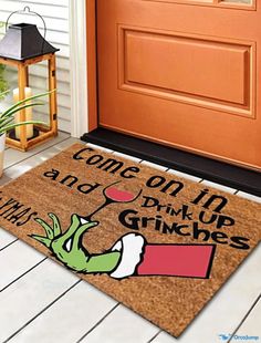 a door mat that says, come on up and drink ginge's next to a potted plant