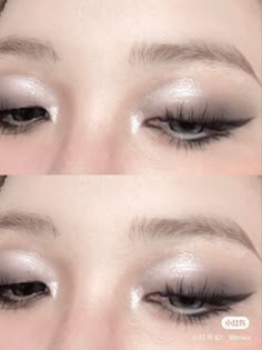 Formal Makeup For Blue Dress, Korean Dark Eye Makeup, Glitter Eye Makeup Asian Eyes, Frosted Makeup, Korean Eye Glitter Makeup, Glittery Korean Makeup, Soft Glitter Eye Makeup Korean, Winter Make Up, Sparkly Makeup