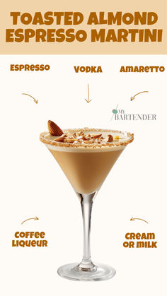 Toasted Almond Espresso Martini Toasted Almond Martini, Amaretto Espresso Martini, Espresso Martini Flavors, Espresso Martini Variations, Flavored Espresso Martini, Tequila Espresso Martini, Martini Flights, Espresso Cocktails, Milk Cocktails