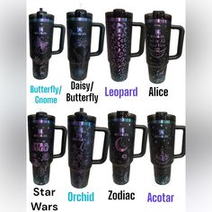 the different types of coffee mugs are labeled in purple and blue colors, with names on them