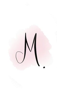 the letter m is written in black ink on a pink background with watercolor stains