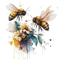 two bees flying over flowers with watercolor paint splatters on it's wings