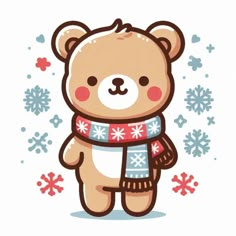 a brown teddy bear wearing a scarf with snowflakes around it's neck